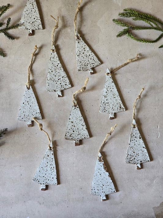 speckled white Christmas tree decorations