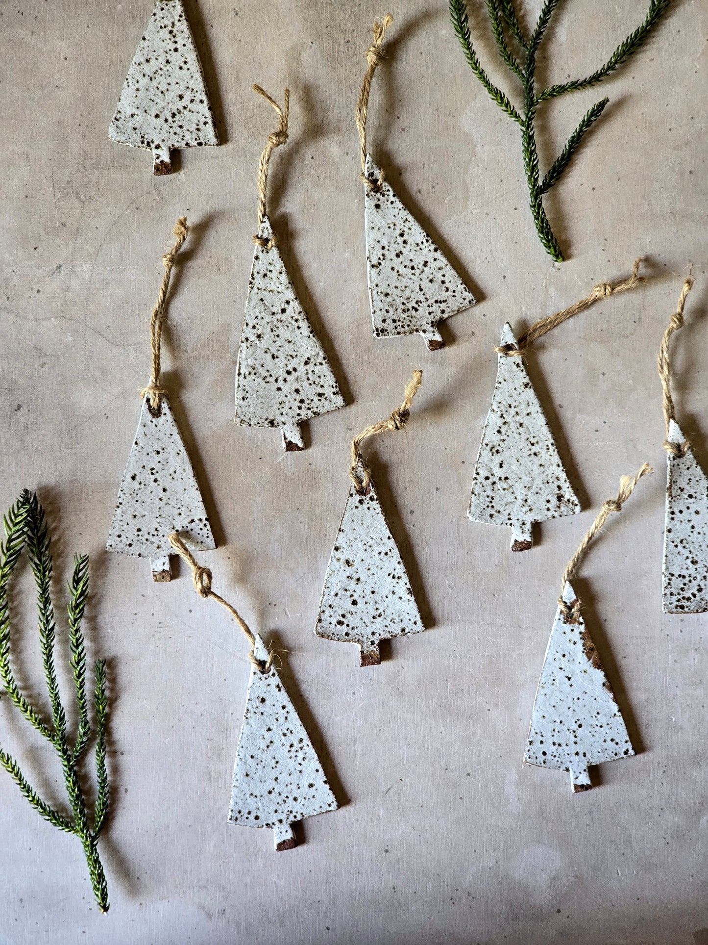 speckled white Christmas tree decorations