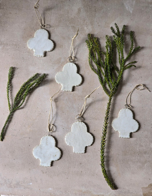 white embossed Christmas tree decorations