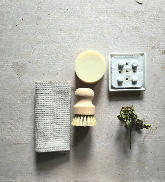 Natural Kitchen Cleaning Kit-Gift Set-Pure Linen Wash Cloth,Handmade Ceramic Dish, Round House Soap & Brush for Cleaning Kit for House Warming Gift Box for Kitchen Tea Bundle Rustic Eco Friendly Cleaning Products for the House Cleaning