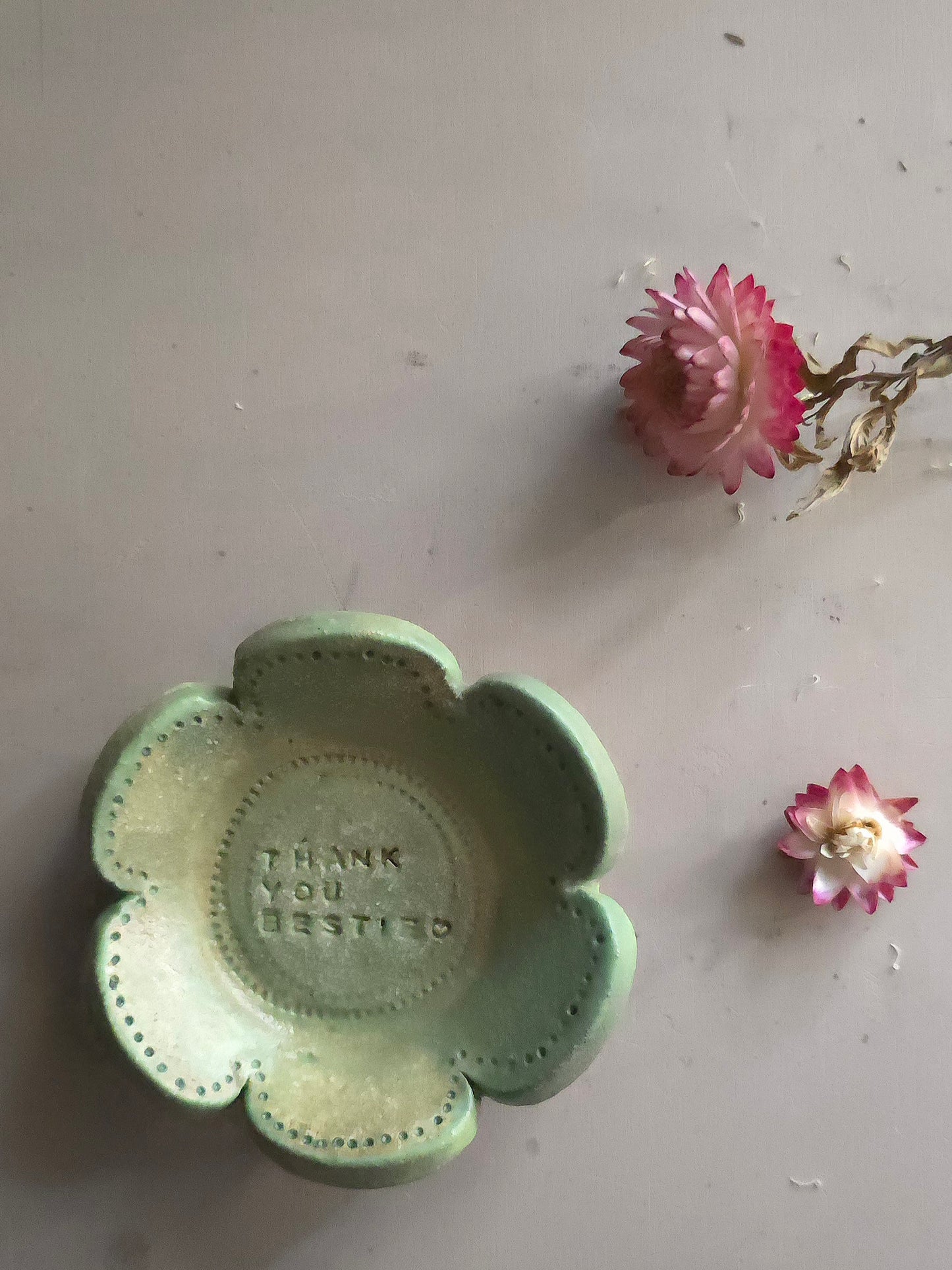 "THANK YOU BESTIE " Apple green flower shape trinket dish