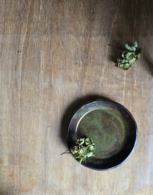 Rustic Small Ceramic Plate – Olive & Rust Glaze on Mahogany Clay | Handmade Snack or Condiment Dish