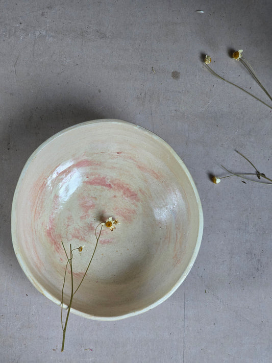 Handcrafted Organic Ceramic Bowl – Pale Butter Glaze with Plum Brush Strokes – Unique Stoneware for Cereal, Pasta, Salad & More