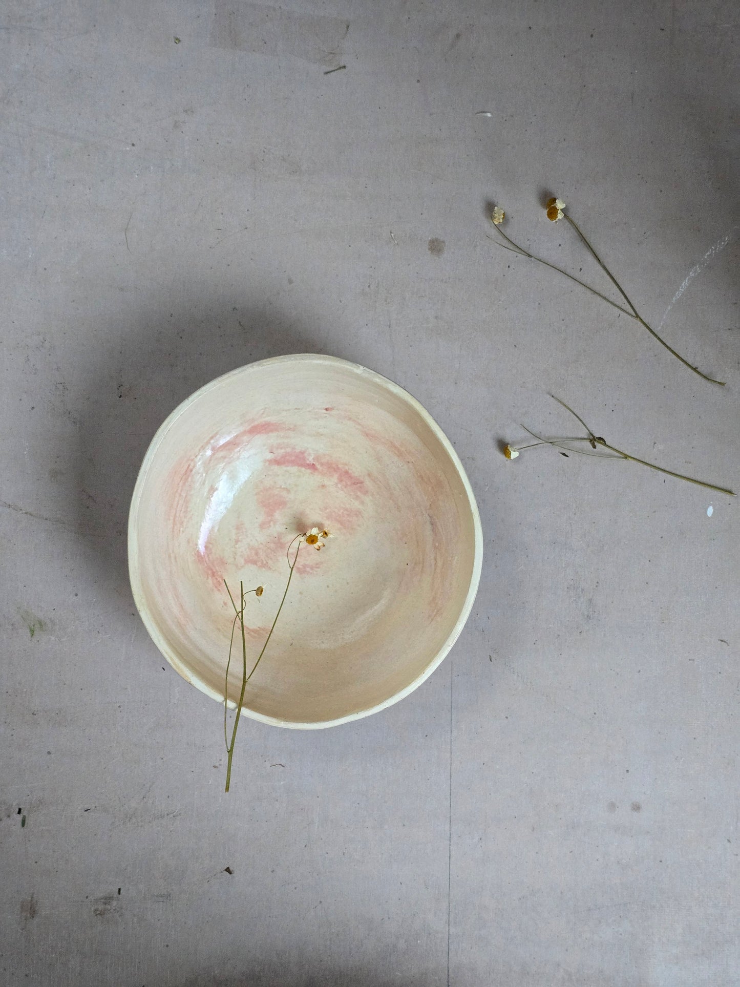Handcrafted Organic Ceramic Bowl – Pale Butter Glaze with Plum Brush Strokes – Unique Stoneware for Cereal, Pasta, Salad & More