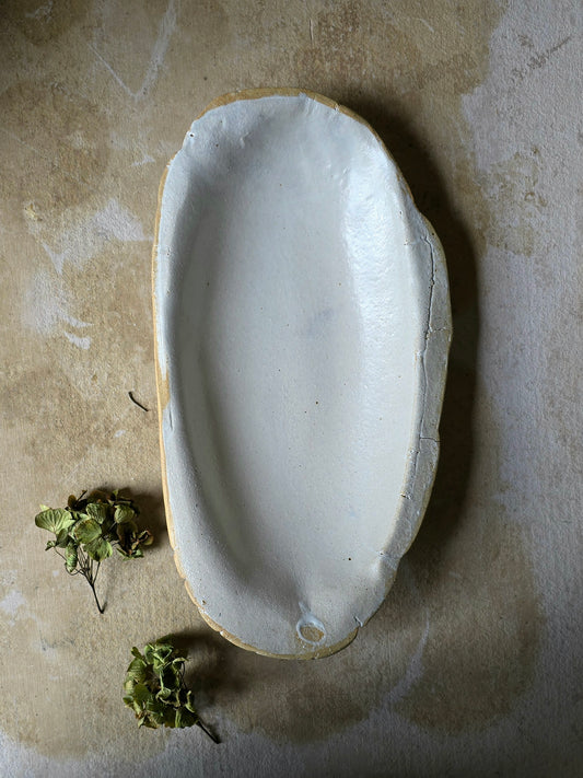 Handcrafted Organic Ceramic Serving Dish | Rustic Pottery Platter | Sheer White Greyish Glaze with Raw Clay Rim | Unique Food-Safe Bowl | Artisan Tableware | Gift for Home Cooks