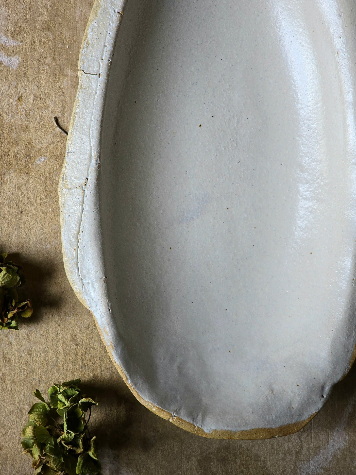 Handcrafted Organic Ceramic Serving Dish | Rustic Pottery Platter | Sheer White Greyish Glaze with Raw Clay Rim | Unique Food-Safe Bowl | Artisan Tableware | Gift for Home Cooks