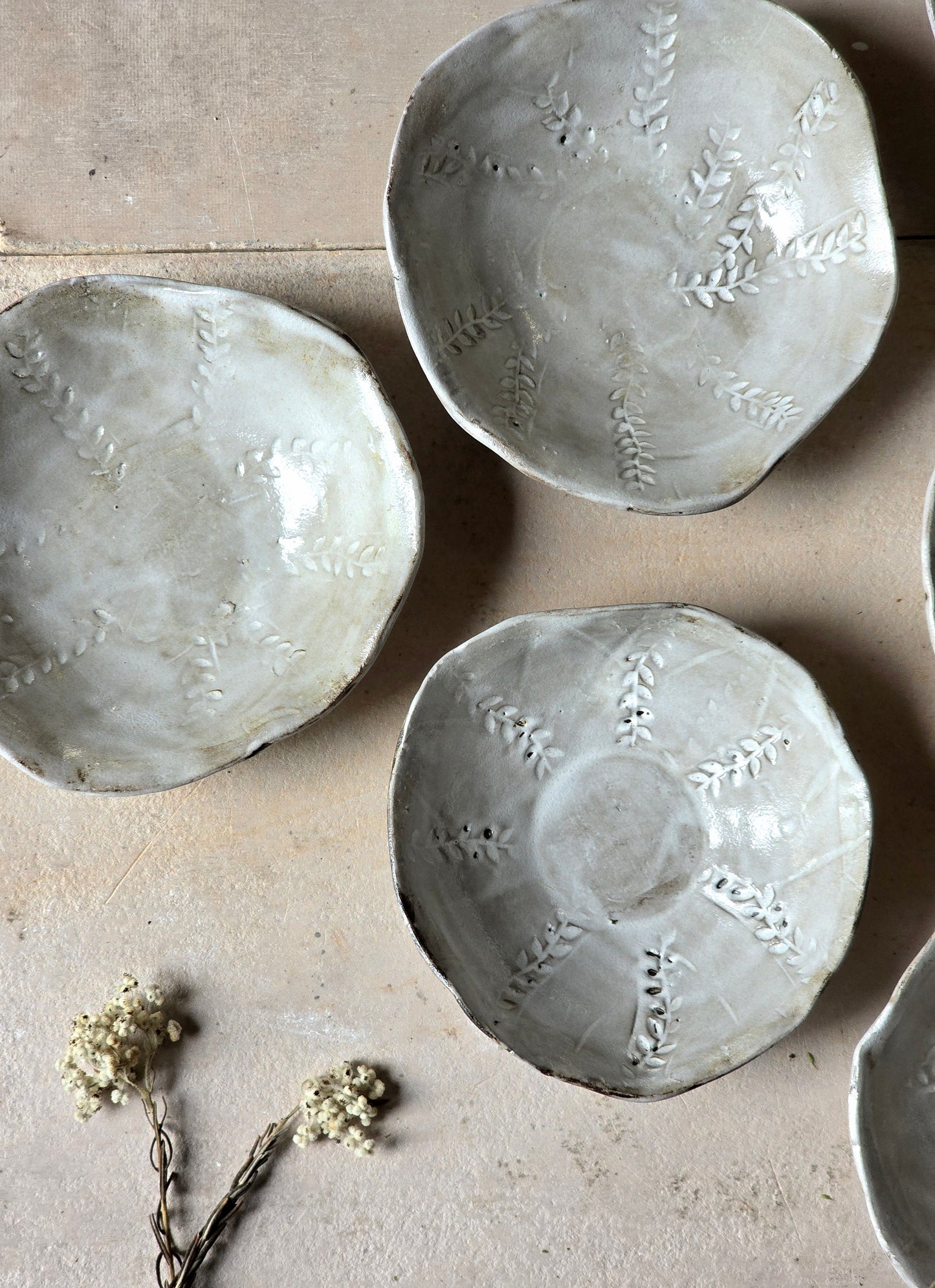 Handmade Organic Ceramic Bowl | Leaf Embossed Pottery Bowl | Oatmeal White Glaze | Cereal, Pasta, Rice, Dessert Bowl | Unique Rustic Kitchenware | Gift Idea