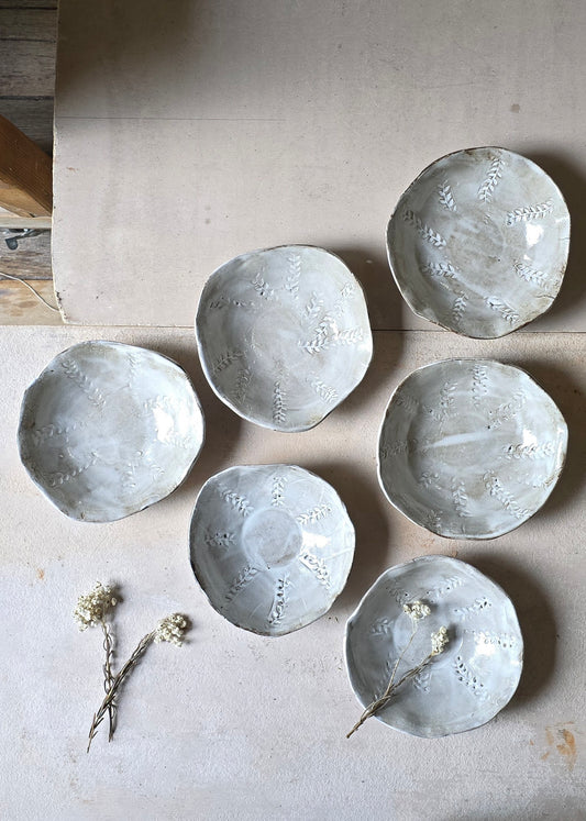 Handmade Organic Ceramic Bowl | Leaf Embossed Pottery Bowl | Oatmeal White Glaze | Cereal, Pasta, Rice, Dessert Bowl | Unique Rustic Kitchenware | Gift Idea