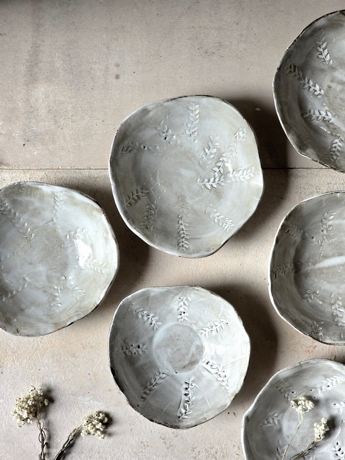 Handmade Organic Ceramic Bowl | Leaf Embossed Pottery Bowl | Oatmeal White Glaze | Cereal, Pasta, Rice, Dessert Bowl | Unique Rustic Kitchenware | Gift Idea