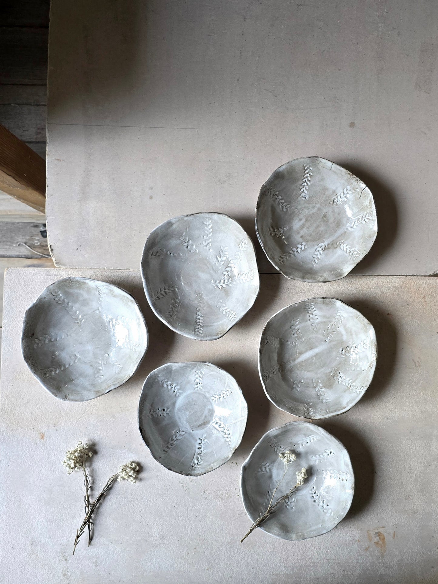 Handmade Organic Ceramic Bowl | Leaf Embossed Pottery Bowl | Oatmeal White Glaze | Cereal, Pasta, Rice, Dessert Bowl | Unique Rustic Kitchenware | Gift Idea