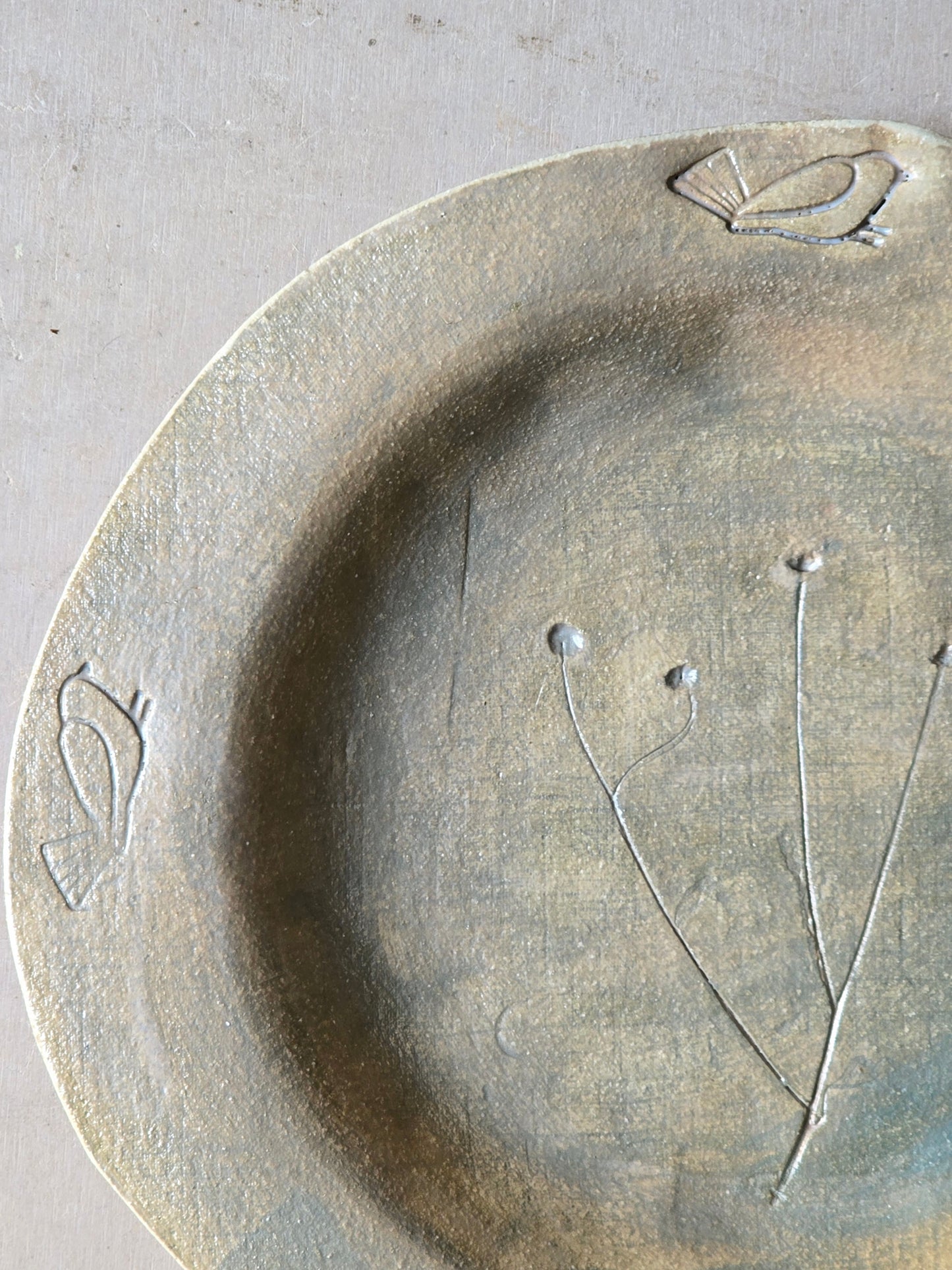 Sheer Duck Egg Blue Wide Rim Shallow Dish – Handmade Ceramic Plate with Bird & Flower Imprints, 35cm