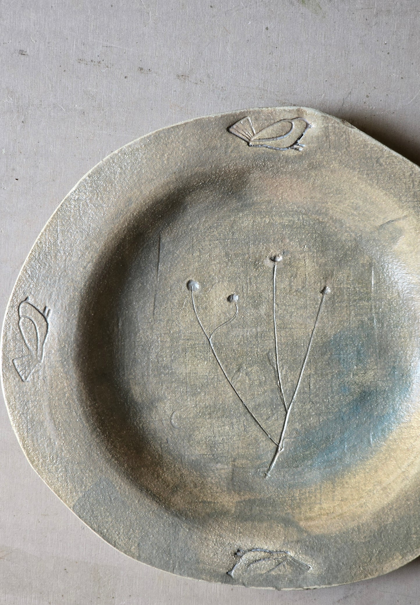 Sheer Duck Egg Blue Wide Rim Shallow Dish – Handmade Ceramic Plate with Bird & Flower Imprints, 35cm