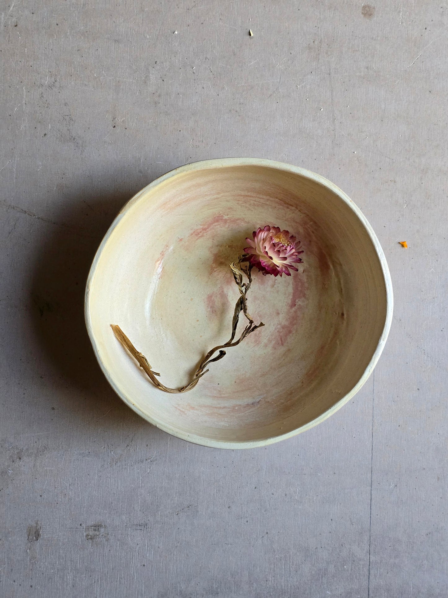 Handcrafted Organic Ceramic Bowl – Pale Butter Glaze with Plum Brush Strokes – Unique Stoneware for Cereal, Pasta, Salad & More