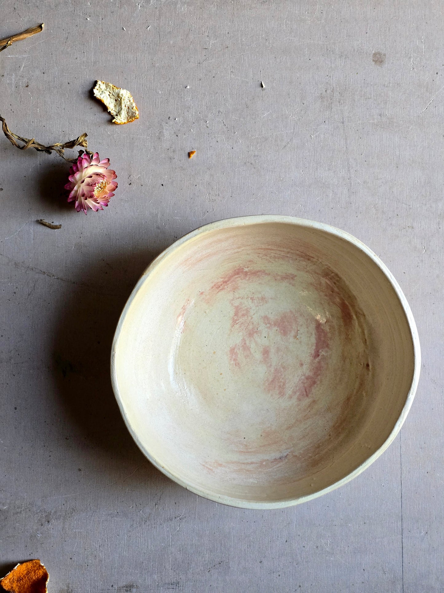 Handcrafted Organic Ceramic Bowl – Pale Butter Glaze with Plum Brush Strokes – Unique Stoneware for Cereal, Pasta, Salad & More