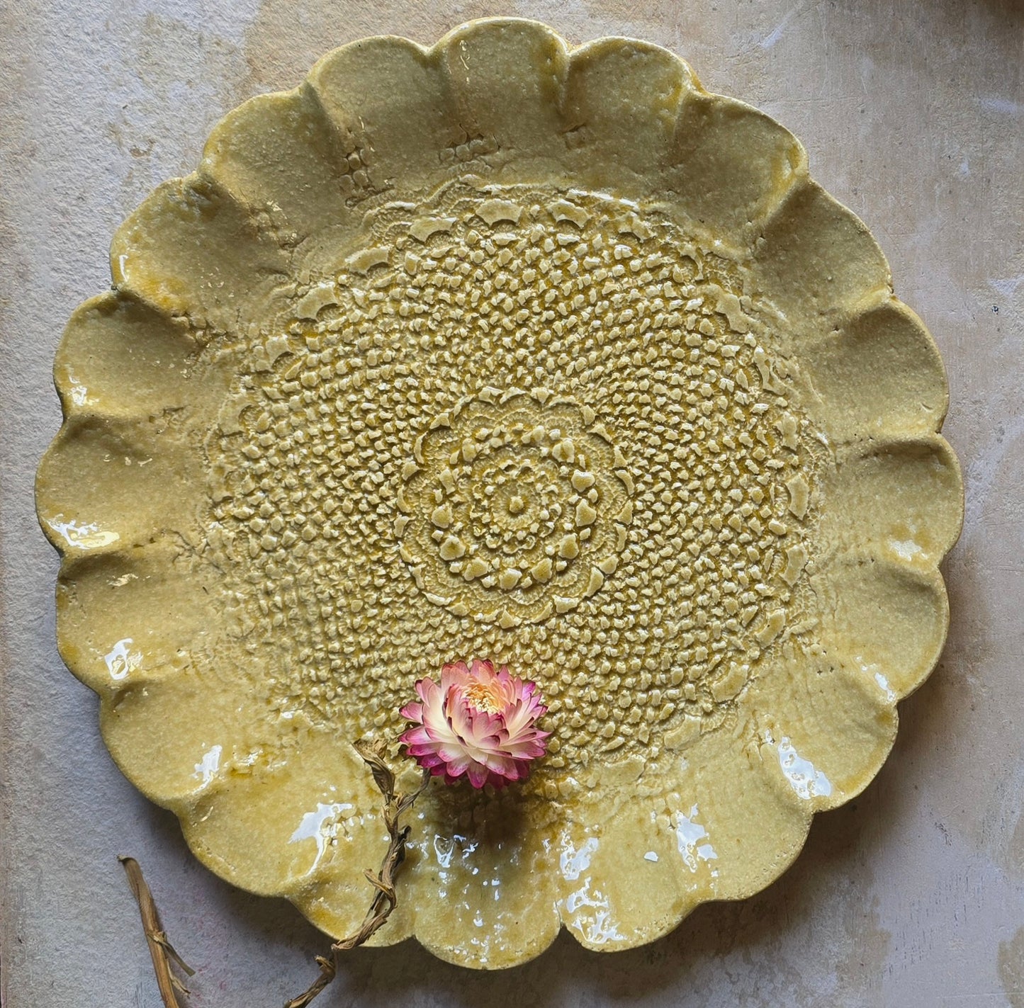 Handcrafted Flower-Shaped Ceramic Serving Dish – Yellow Ochre with Pressed Intricate Design – Rustic Pottery for Cake, Special Occasions & Gifting