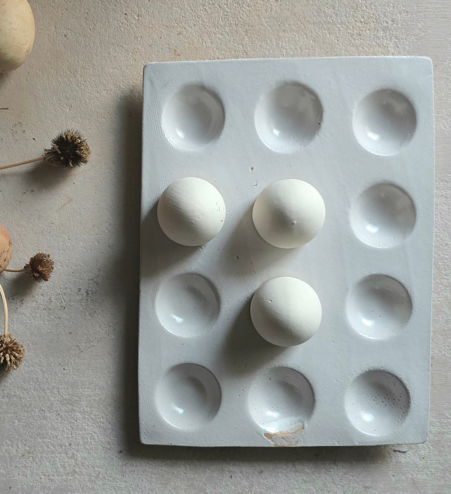 Product Title: Handmade Ceramic Egg Crate – Soft Grey-White Glaze on Rustic Clay | Holds One Dozen Eggs