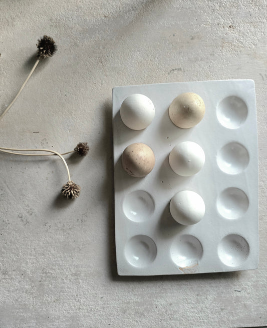 Product Title: Handmade Ceramic Egg Crate – Soft Grey-White Glaze on Rustic Clay | Holds One Dozen Eggs