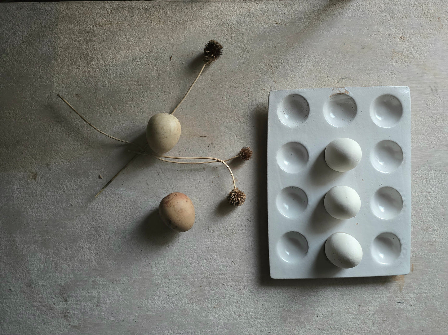 Product Title: Handmade Ceramic Egg Crate – Soft Grey-White Glaze on Rustic Clay | Holds One Dozen Eggs