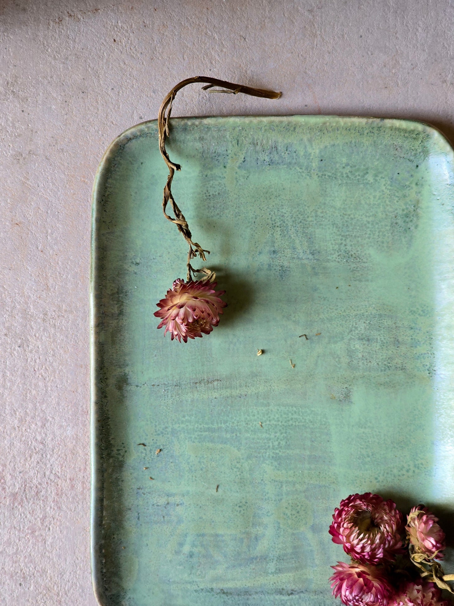 Handmade Ceramic Serving Tray – Rectangular with Rounded Edges, Raw Silk - Like Glaze in Green & Blue