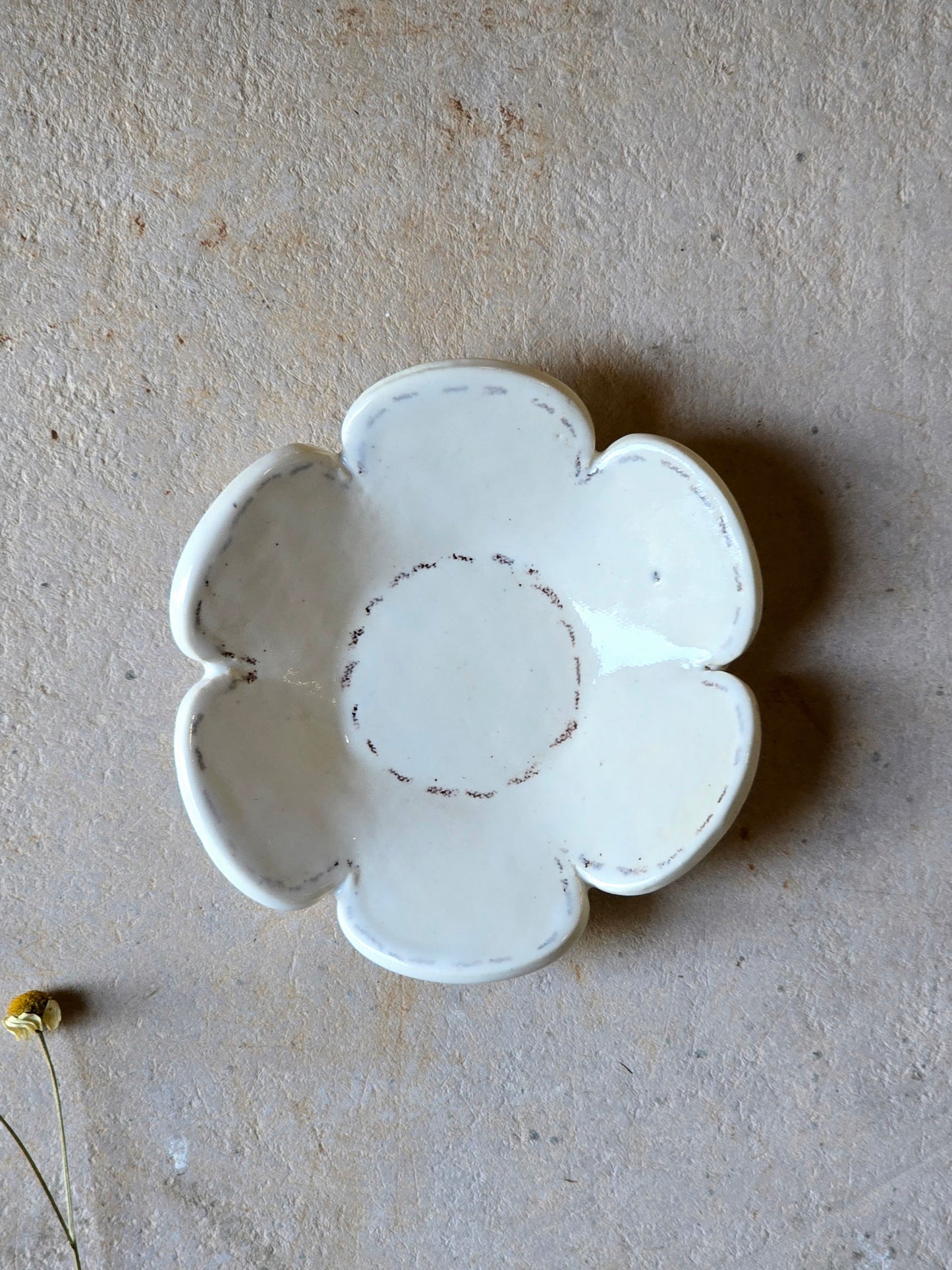 Handmade Milky White Flower Dish with Brown Stitching – Tealight or Trinket Holder