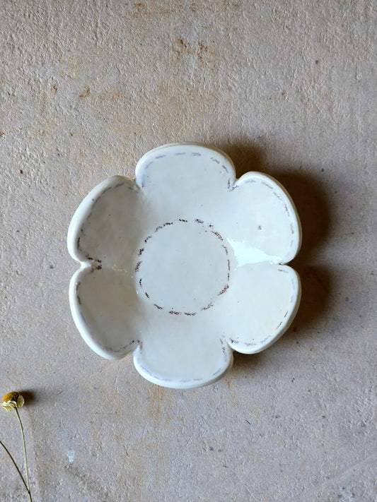 Handmade Milky White Flower Dish with Brown Stitching – Tealight or Trinket Holder