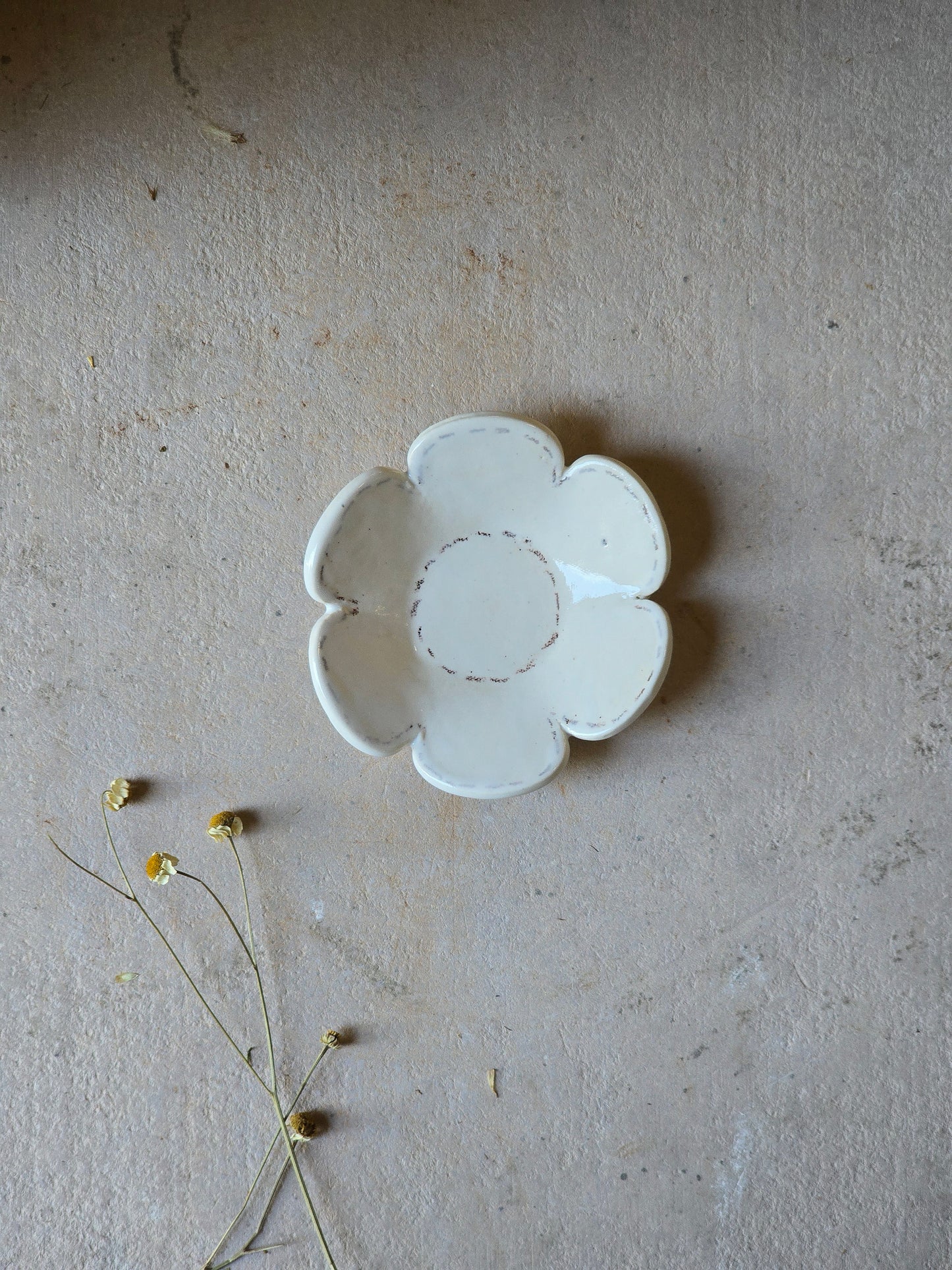 Handmade Milky White Flower Dish with Brown Stitching – Tealight or Trinket Holder