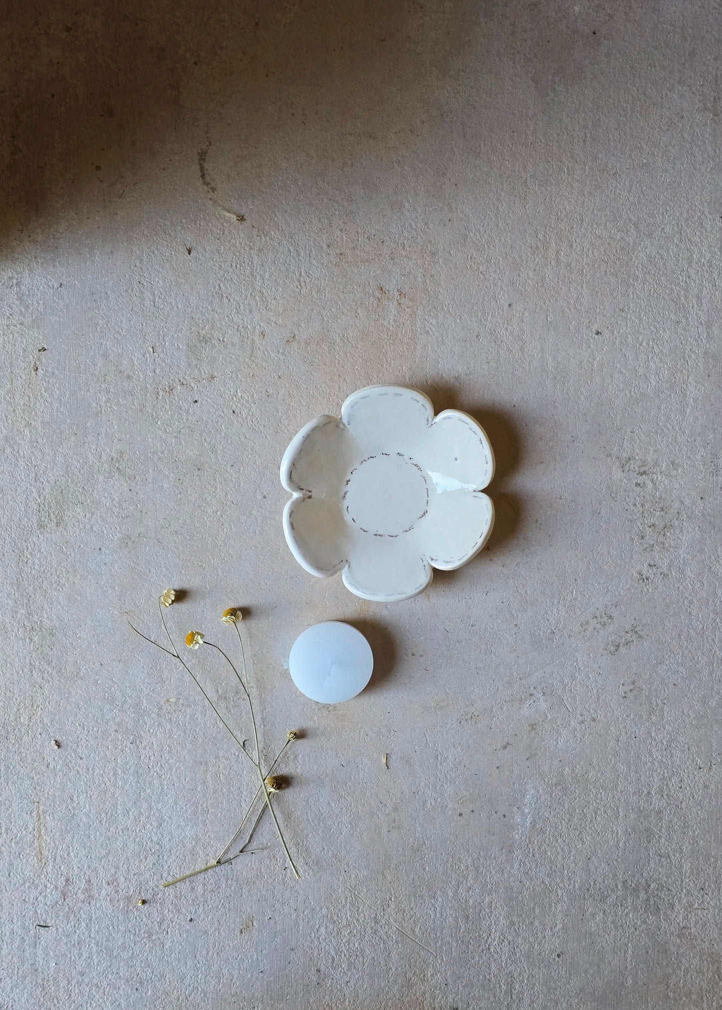 Handmade Milky White Flower Dish with Brown Stitching – Tealight or Trinket Holder