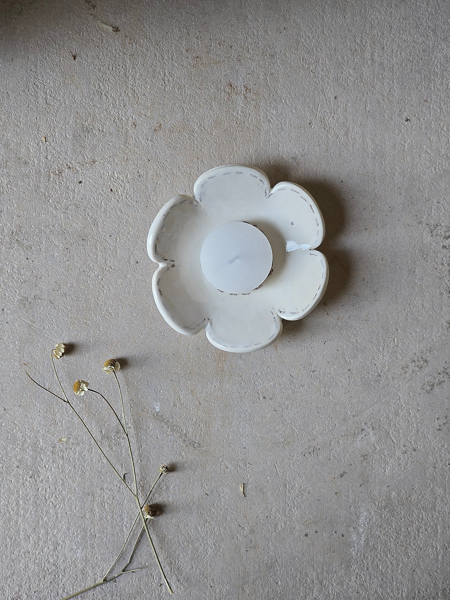 Handmade Milky White Flower Dish with Brown Stitching – Tealight or Trinket Holder
