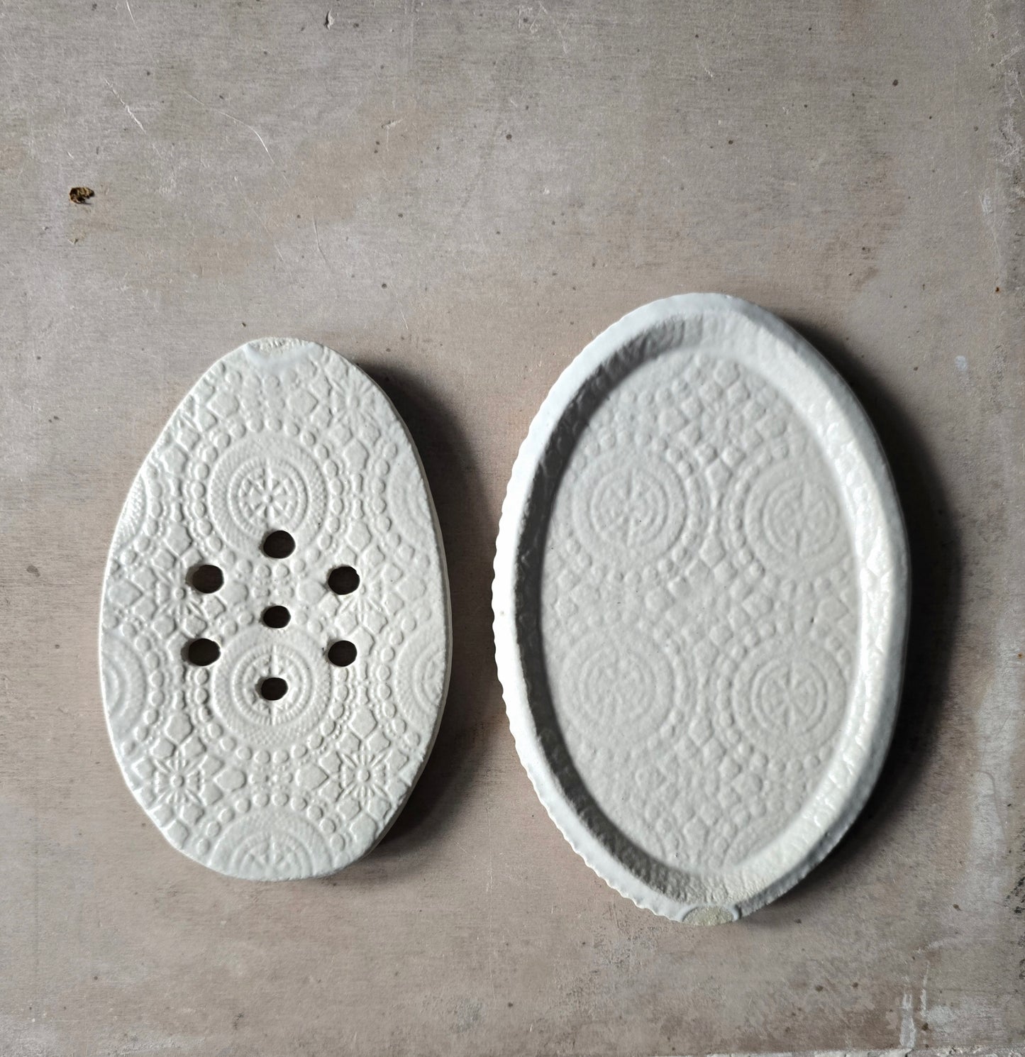 Handcrafted Oval Ceramic Soap Dish with Drip Tray | Two Piece Pottery Soap Holder | Floral & Satin White Designs | Modern Rustic Bathroom Decor | Gift Idea