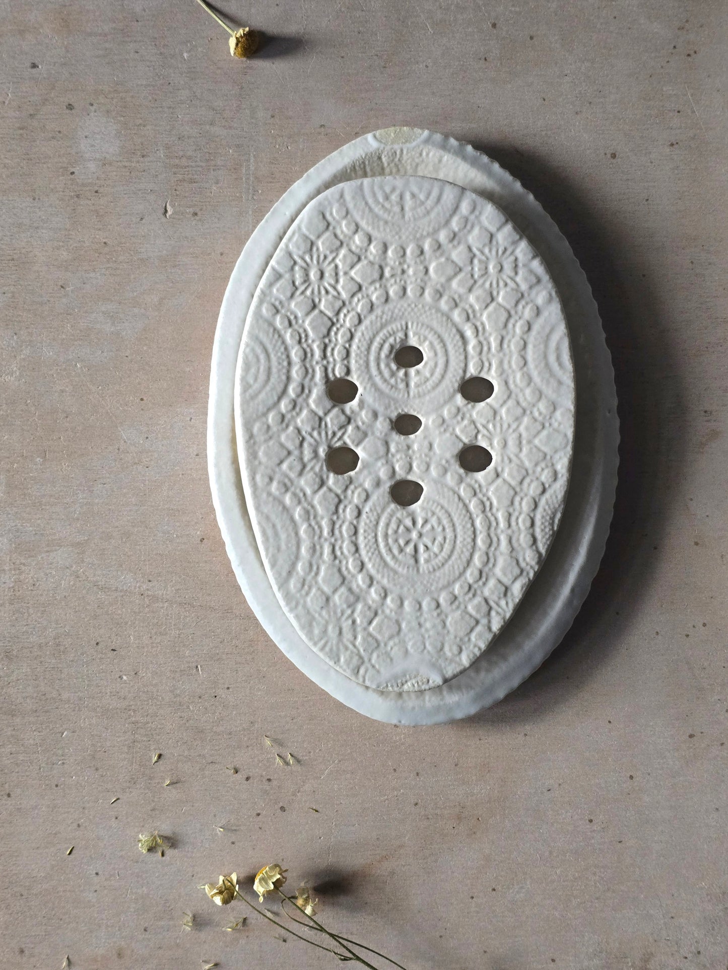 Handcrafted Oval Ceramic Soap Dish with Drip Tray | Two Piece Pottery Soap Holder | Floral & Satin White Designs | Modern Rustic Bathroom Decor | Gift Idea