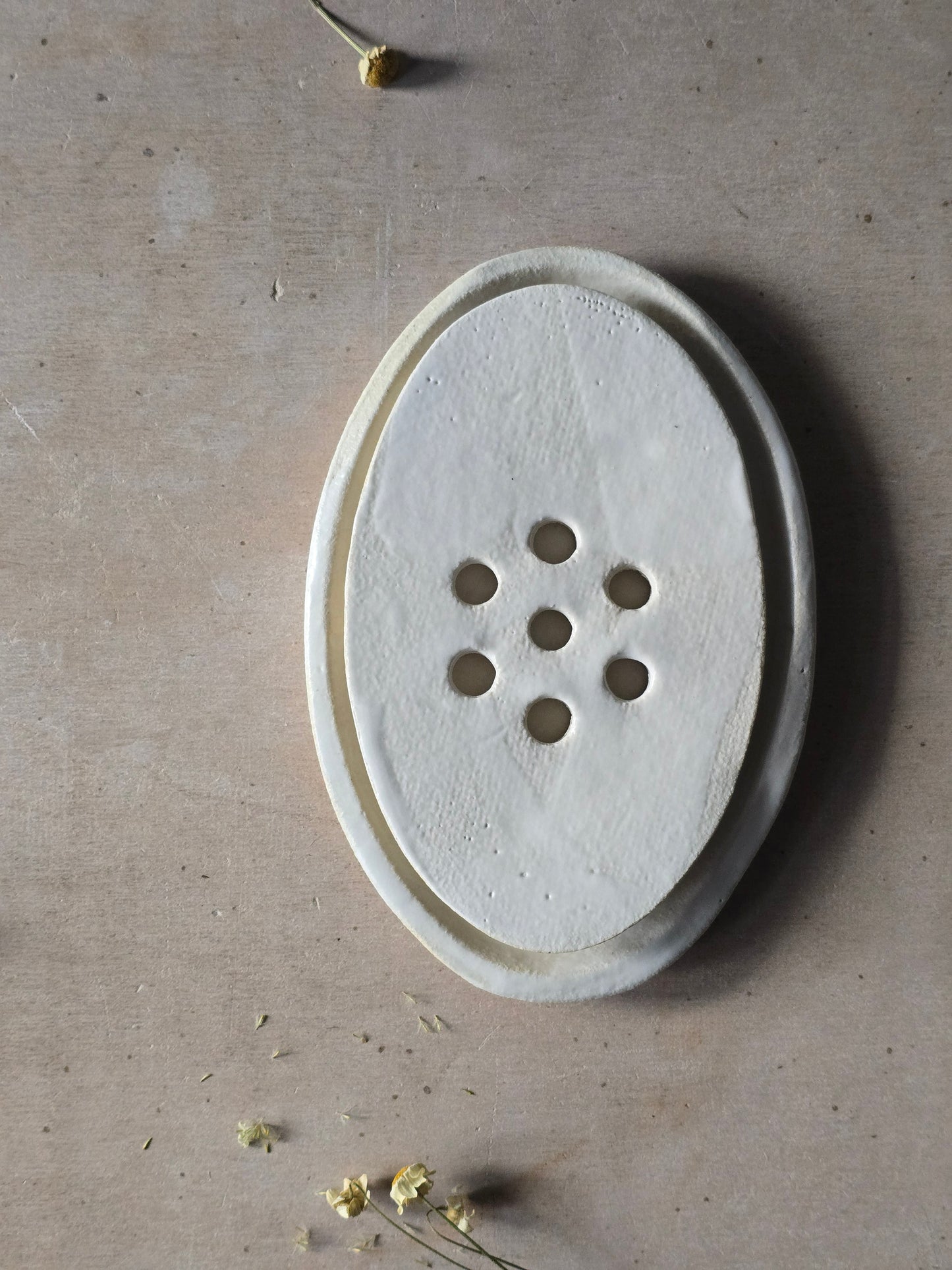 Handcrafted Oval Ceramic Soap Dish with Drip Tray | Two Piece Pottery Soap Holder | Floral & Satin White Designs | Modern Rustic Bathroom Decor | Gift Idea