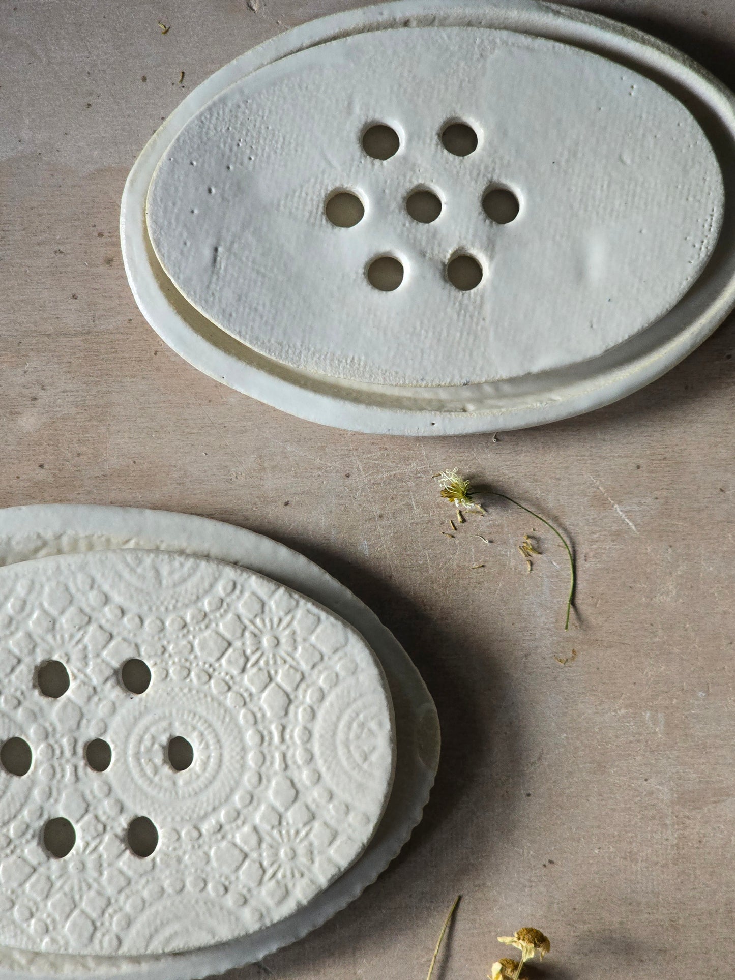 Handcrafted Oval Ceramic Soap Dish with Drip Tray | Two Piece Pottery Soap Holder | Floral & Satin White Designs | Modern Rustic Bathroom Decor | Gift Idea