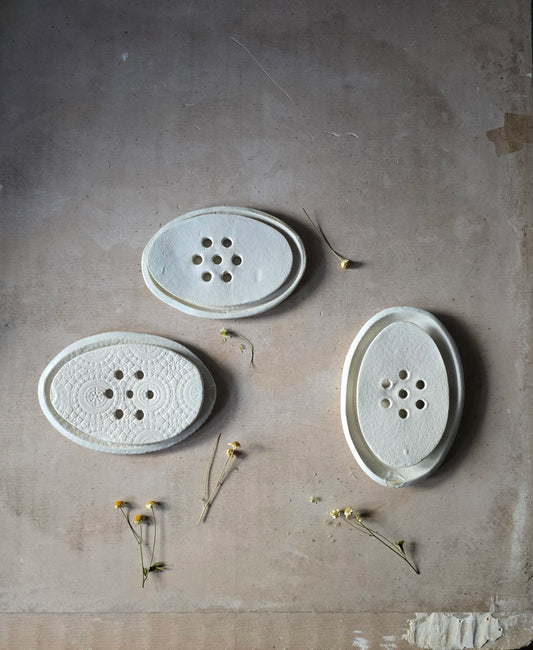 Handcrafted Oval Ceramic Soap Dish with Drip Tray | Two Piece Pottery Soap Holder | Floral & Satin White Designs | Modern Rustic Bathroom Decor | Gift Idea