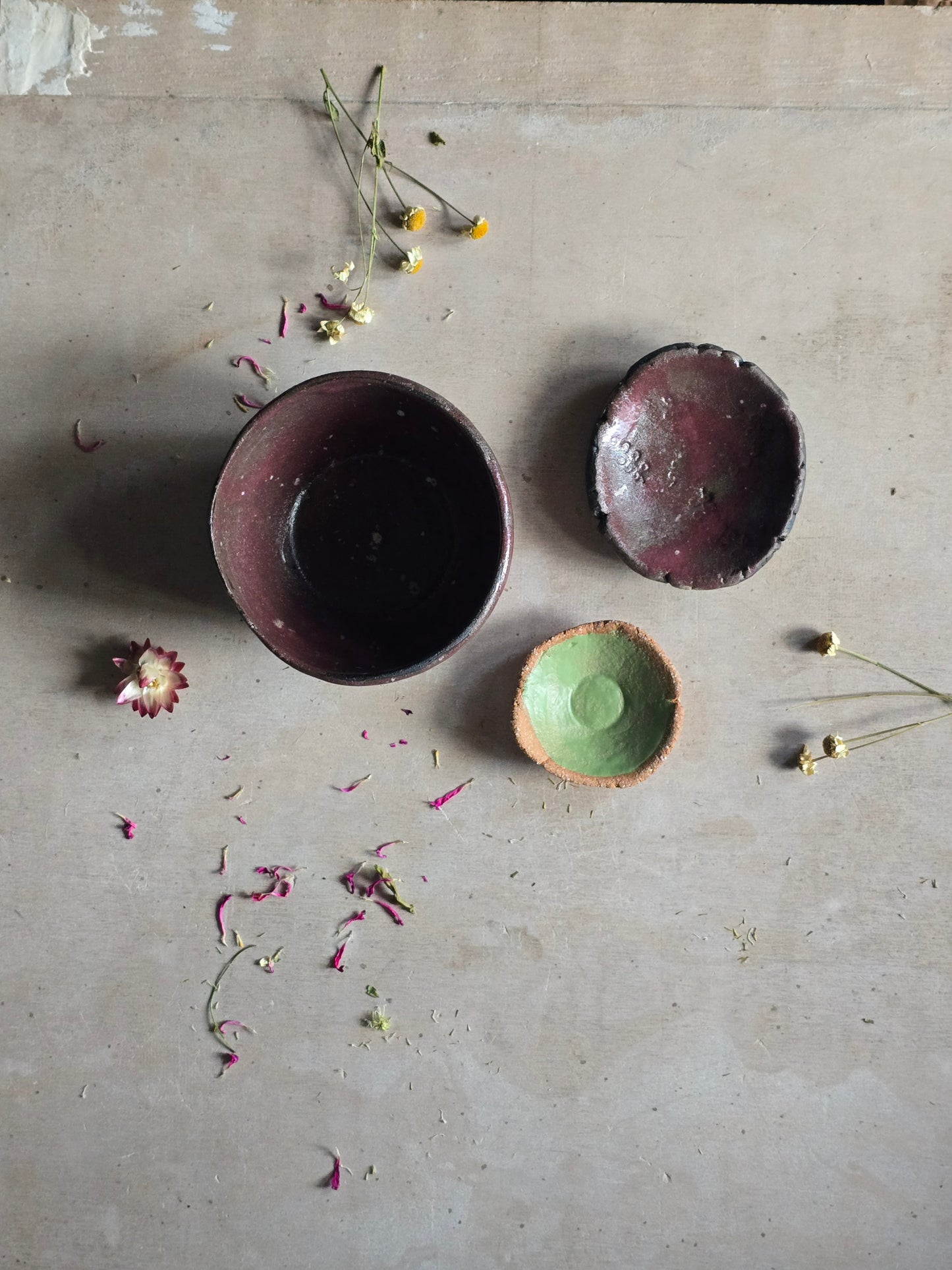 Rustic Handmade Ceramic Bowls – Deep Plum, Apple Green & Floral Dish – Unique Pottery for Serving, Jewellery, or Decor