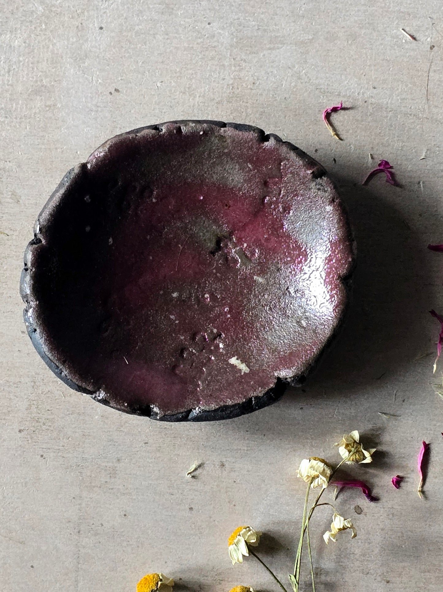 Rustic Handmade Ceramic Bowls – Deep Plum, Apple Green & Floral Dish – Unique Pottery for Serving, Jewellery, or Decor