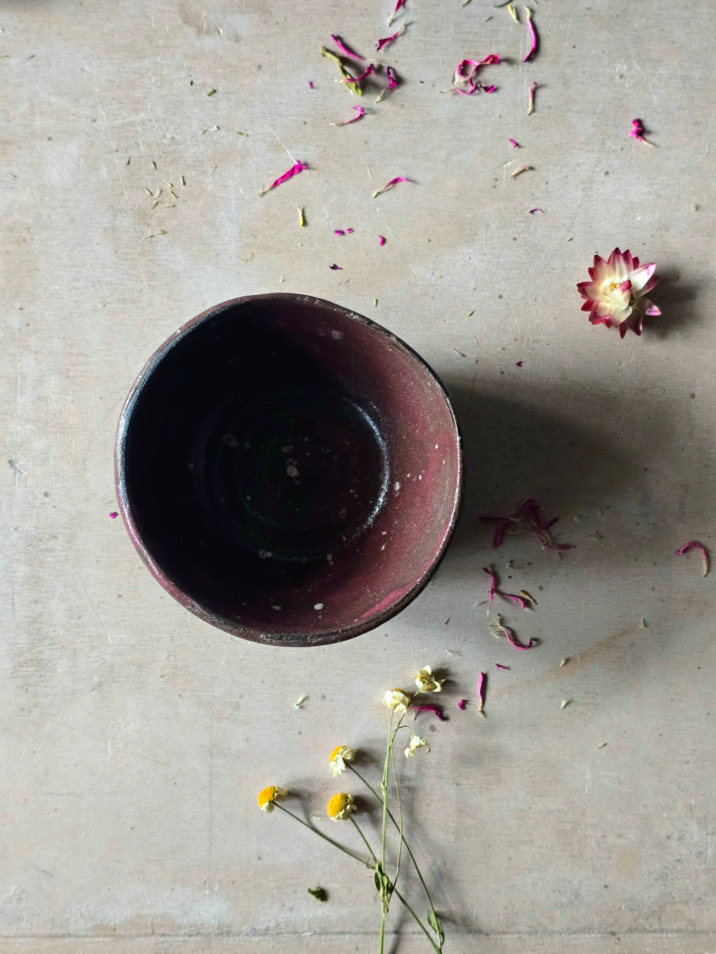 Rustic Handmade Ceramic Bowls – Deep Plum, Apple Green & Floral Dish – Unique Pottery for Serving, Jewellery, or Decor