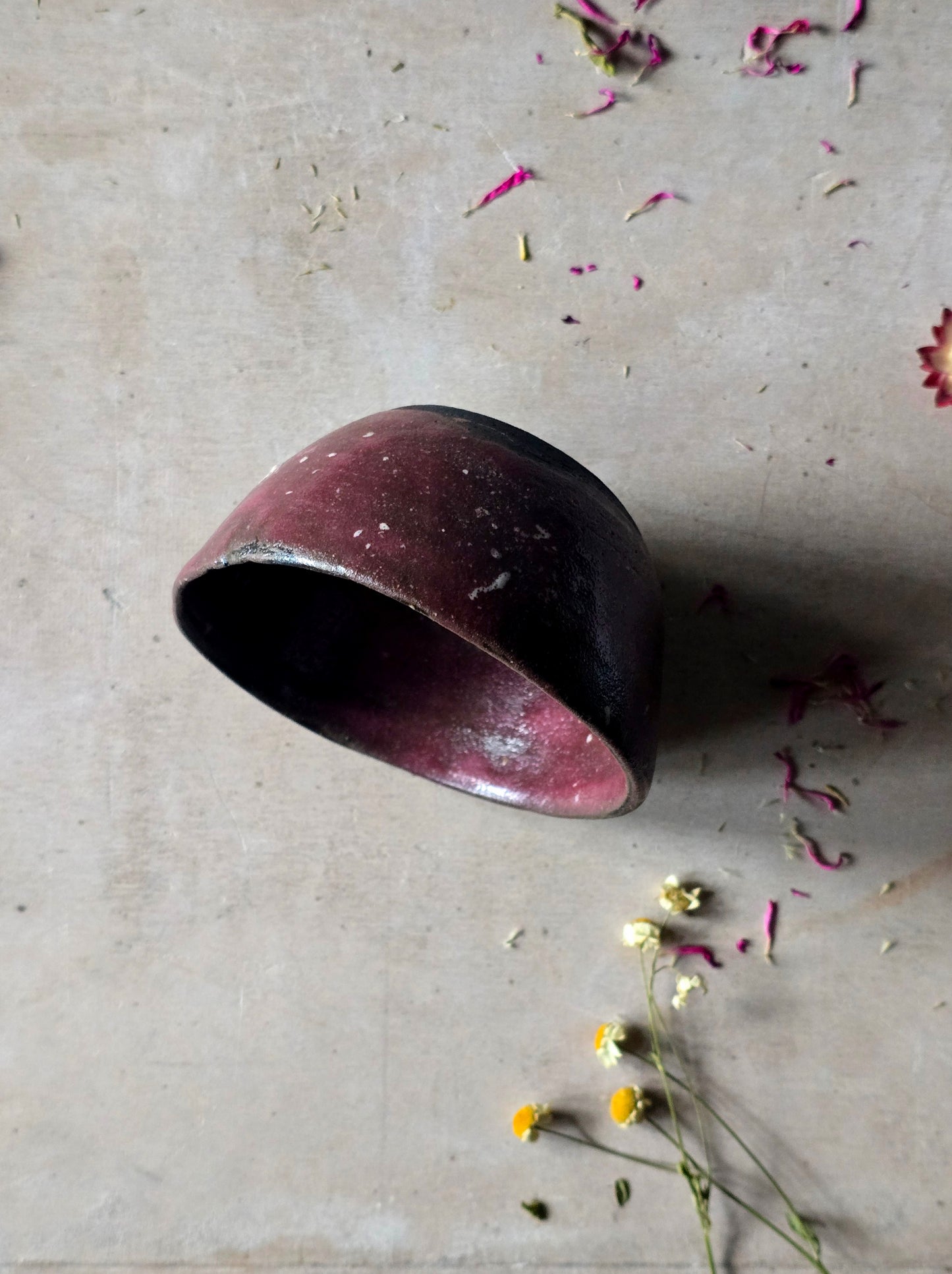 Rustic Handmade Ceramic Bowls – Deep Plum, Apple Green & Floral Dish – Unique Pottery for Serving, Jewellery, or Decor