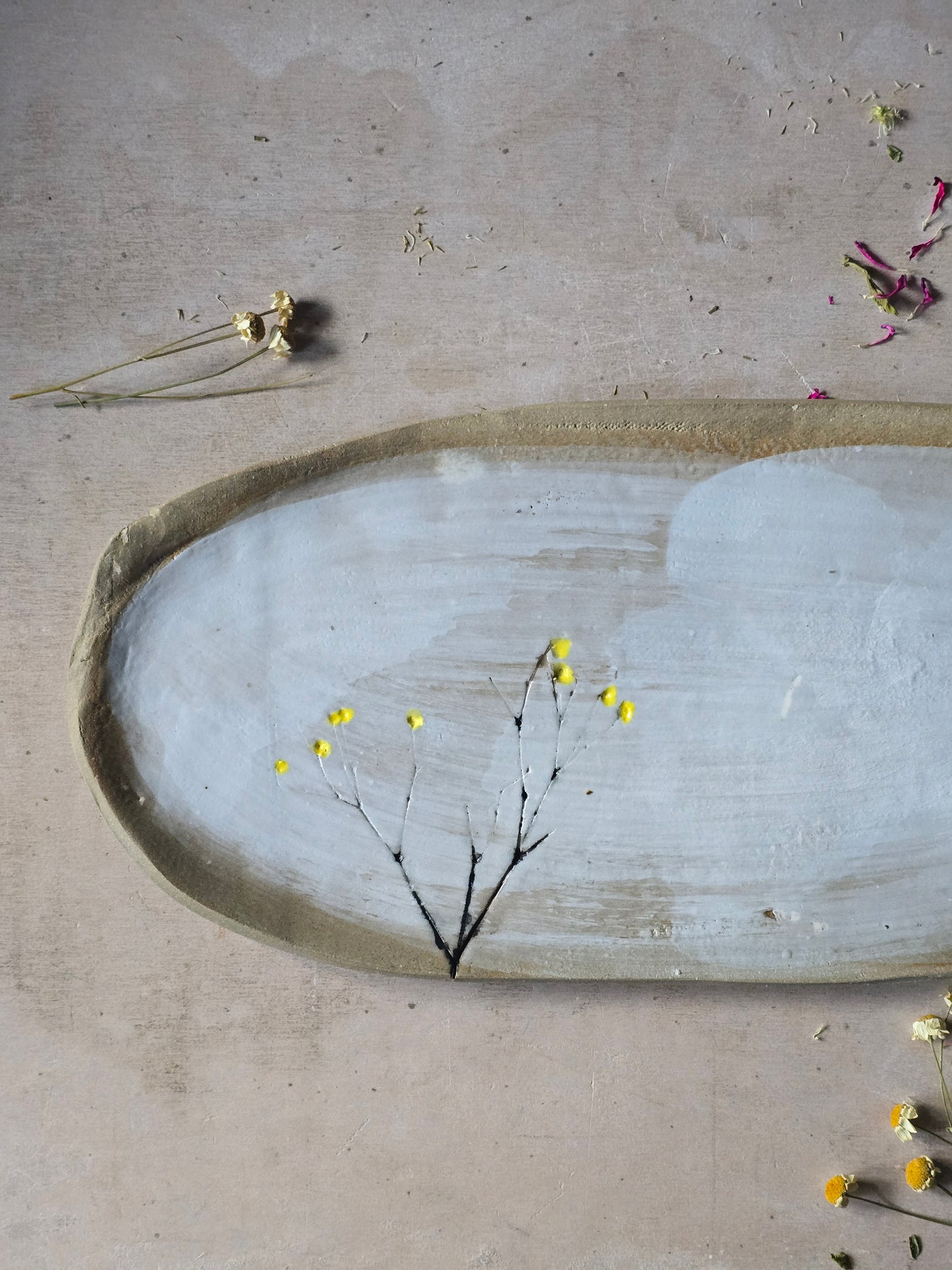 Handpainted Cootamundra Tree Serving Tray – Organic Ceramic with White Glaze & Exposed Stone Grey Edge – Artisan Tableware