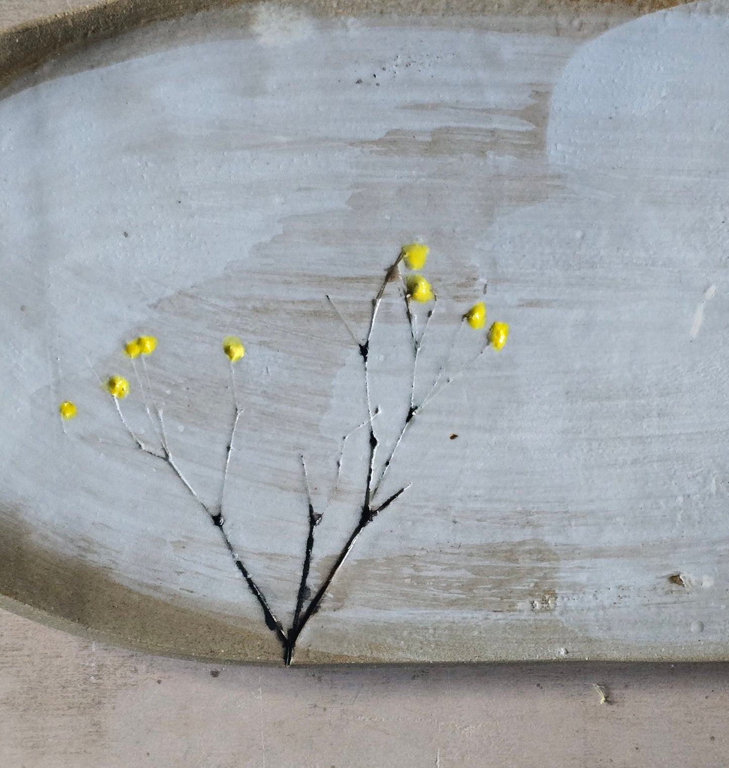 Handpainted Cootamundra Tree Serving Tray – Organic Ceramic with White Glaze & Exposed Stone Grey Edge – Artisan Tableware