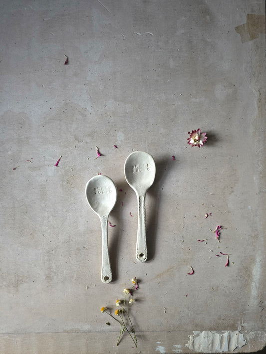 Handmade Ceramic Grateful Spoon – Oatmeal Glaze with Hanging Hole | Rustic Kitchen Gift