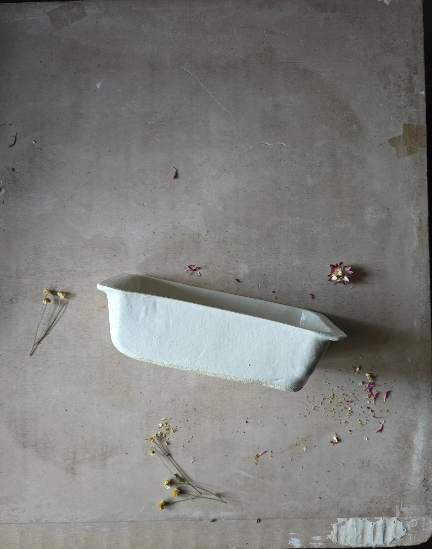 Handmade Rectangular Deep Serving Dish – Milky White Glaze with Side Handles (Organic Form)