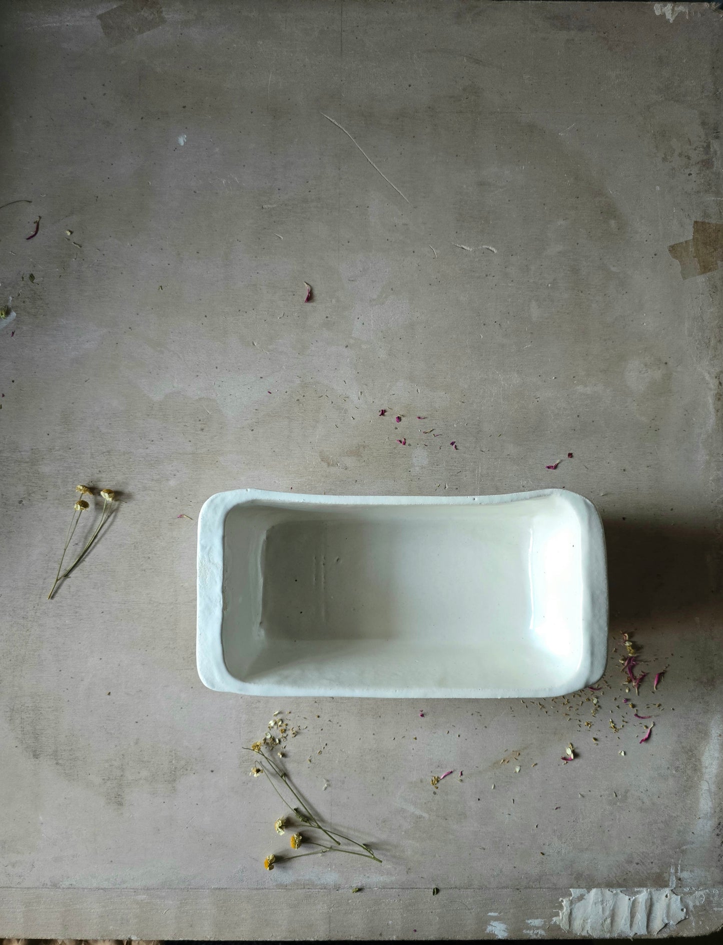 Handmade Rectangular Deep Serving Dish – Milky White Glaze with Side Handles (Organic Form)