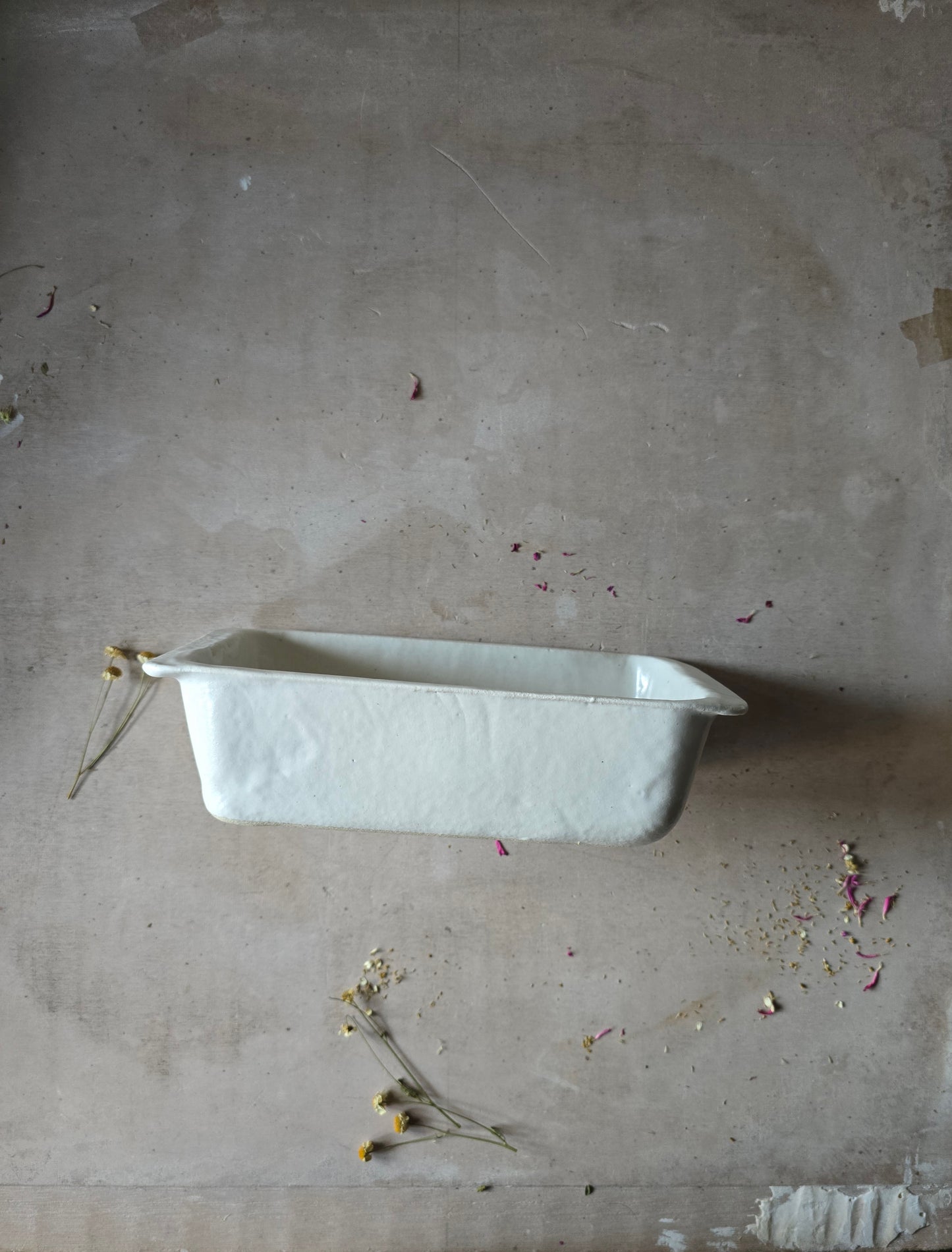 Handmade Rectangular Deep Serving Dish – Milky White Glaze with Side Handles (Organic Form)