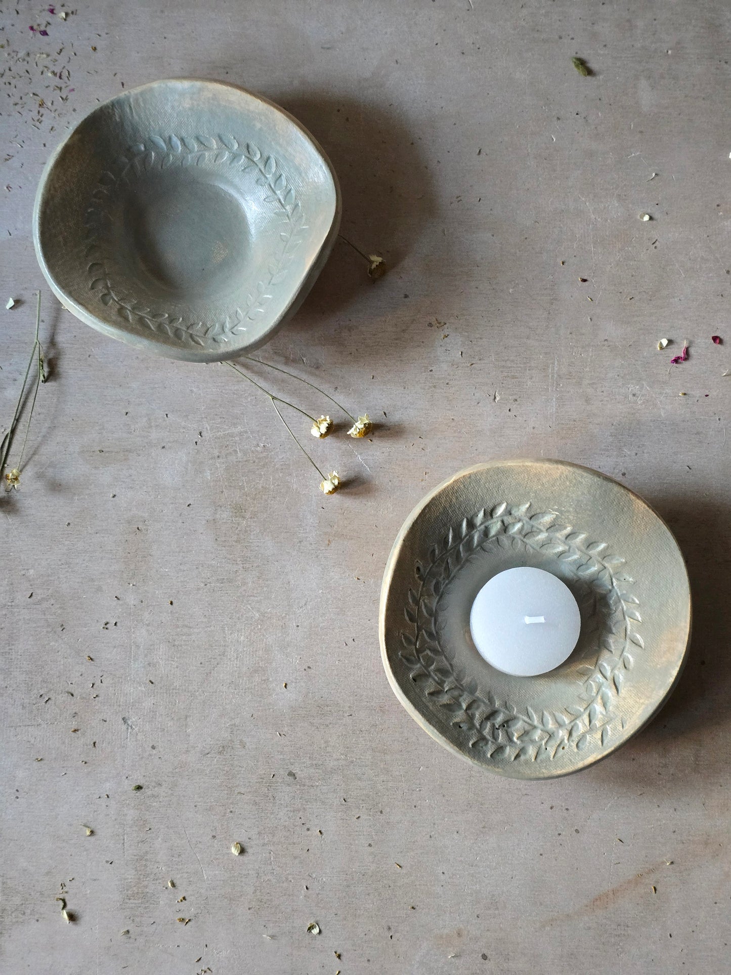 Sheer Duck Egg Blue Ceramic Trinket Dish – Tealight, Palo Santo, Smudge Stick Holder – Handmade Leaf Flower Embossed Glazed Bowl – Gift or Jewellery Dish