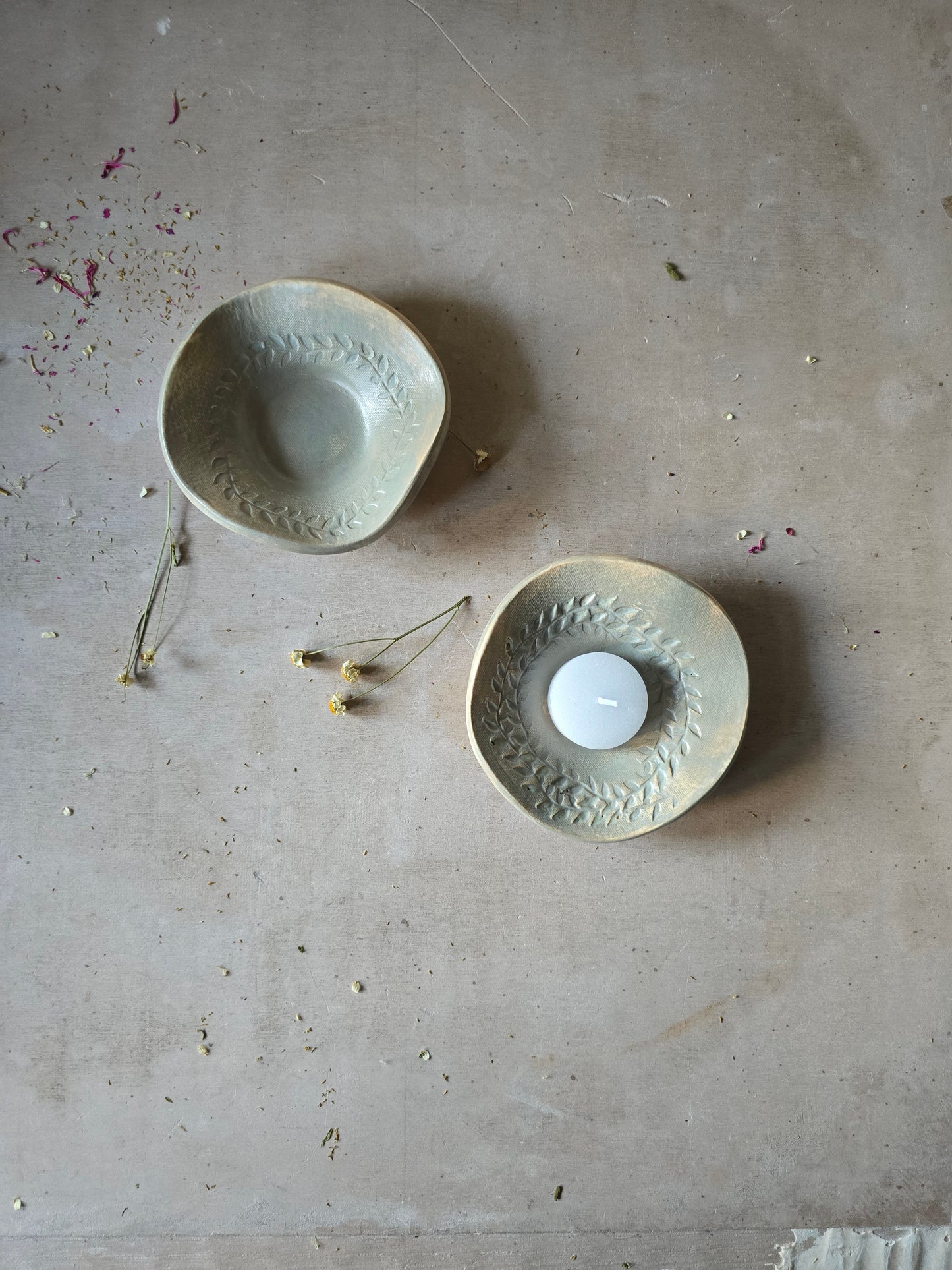 Sheer Duck Egg Blue Ceramic Trinket Dish – Tealight, Palo Santo, Smudge Stick Holder – Handmade Leaf Flower Embossed Glazed Bowl – Gift or Jewellery Dish
