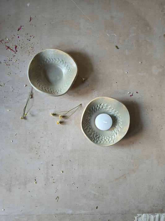 Sheer Duck Egg Blue Ceramic Trinket Dish – Tealight, Palo Santo, Smudge Stick Holder – Handmade Leaf Flower Embossed Glazed Bowl – Gift or Jewellery Dish