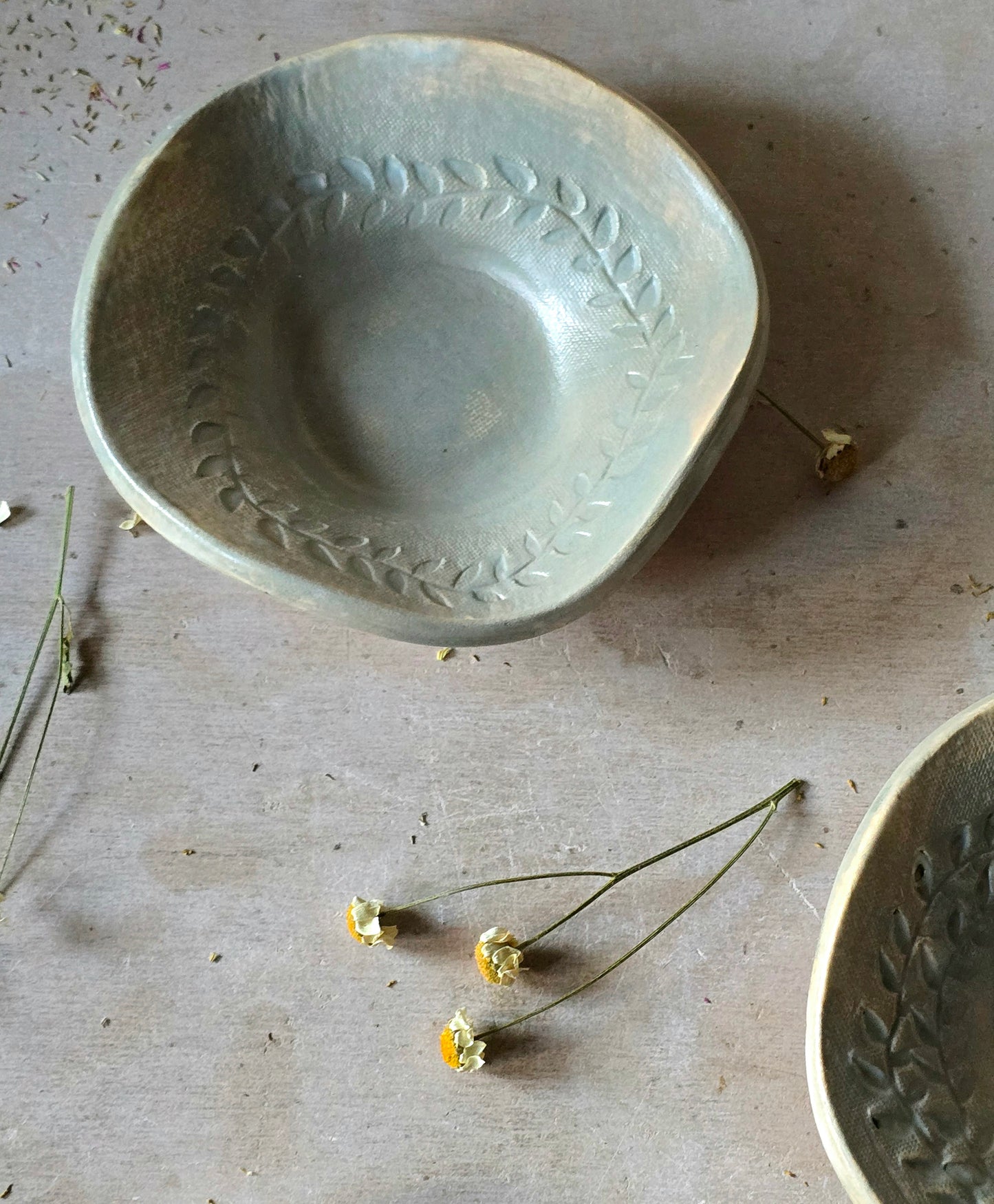 Sheer Duck Egg Blue Ceramic Trinket Dish – Tealight, Palo Santo, Smudge Stick Holder – Handmade Leaf Flower Embossed Glazed Bowl – Gift or Jewellery Dish