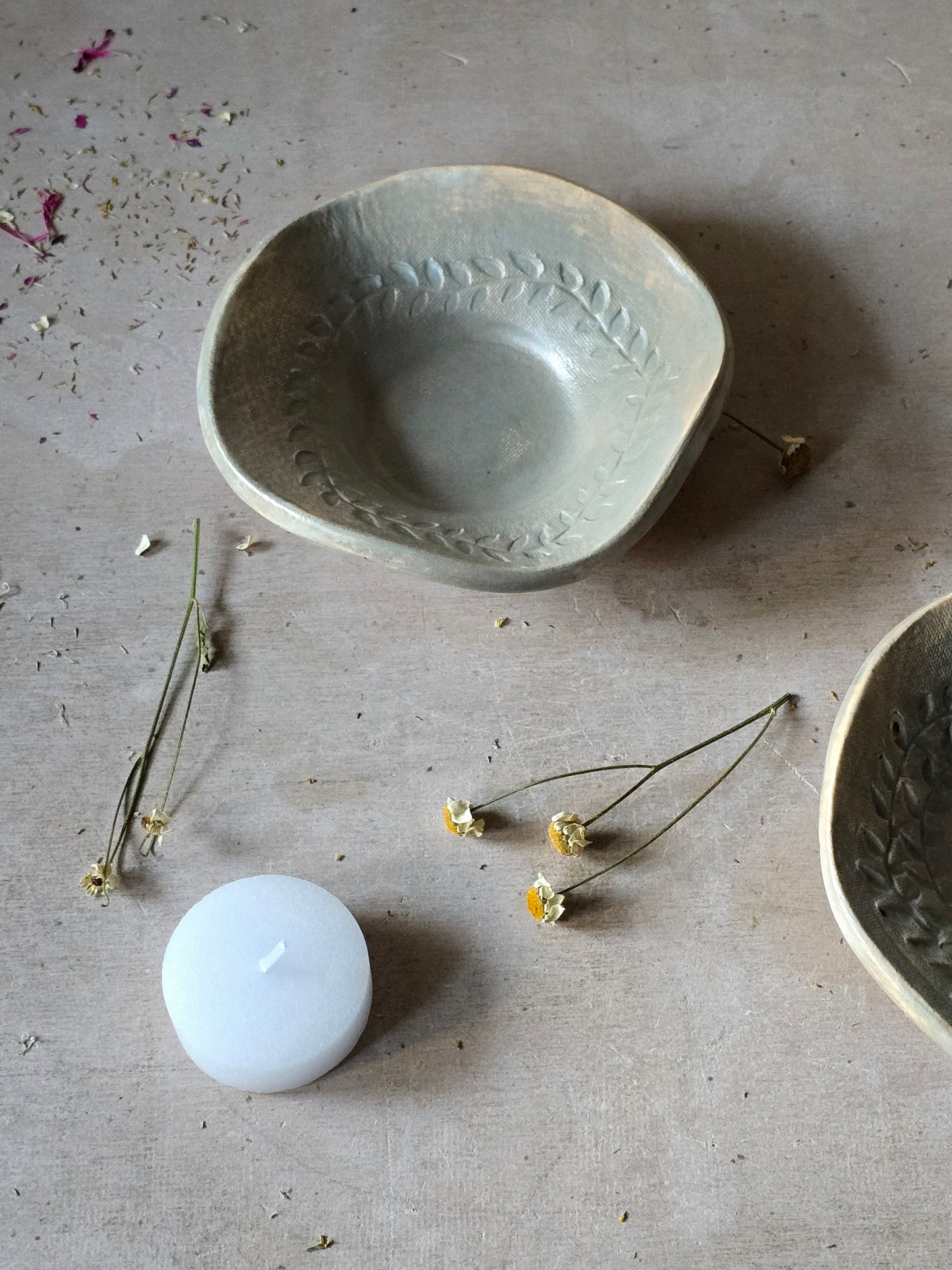 Sheer Duck Egg Blue Ceramic Trinket Dish – Tealight, Palo Santo, Smudge Stick Holder – Handmade Leaf Flower Embossed Glazed Bowl – Gift or Jewellery Dish
