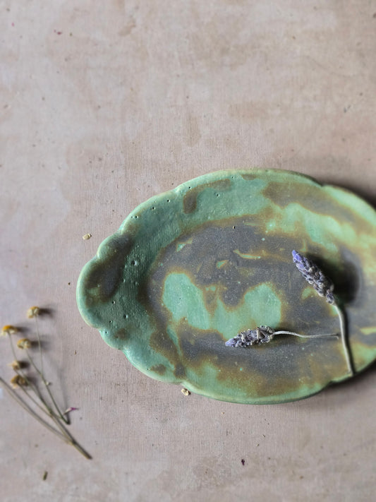 Oval Scalloped Ceramic Dish – Matte Muted Green with Deep Purple Lilac Accents