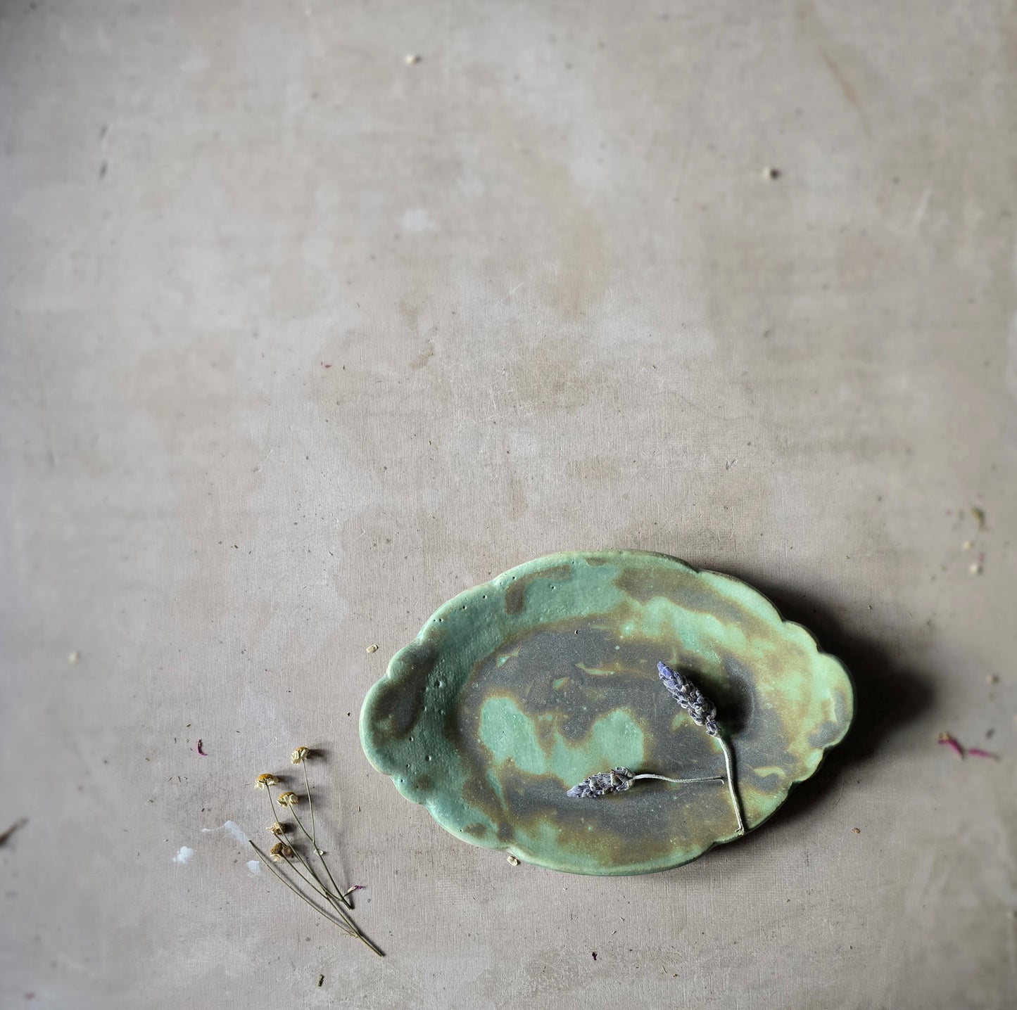 Oval Scalloped Ceramic Dish – Matte Muted Green with Deep Purple Lilac Accents